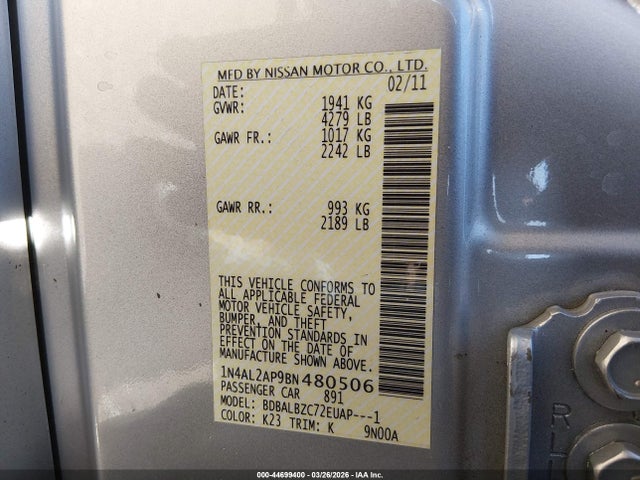 2011 Nissan Altima 2.5 S მანქანა იყიდება აუქციონზე, vin: 1N4AL2AP9BN480506, აუქციონის ნომერი: 44699400