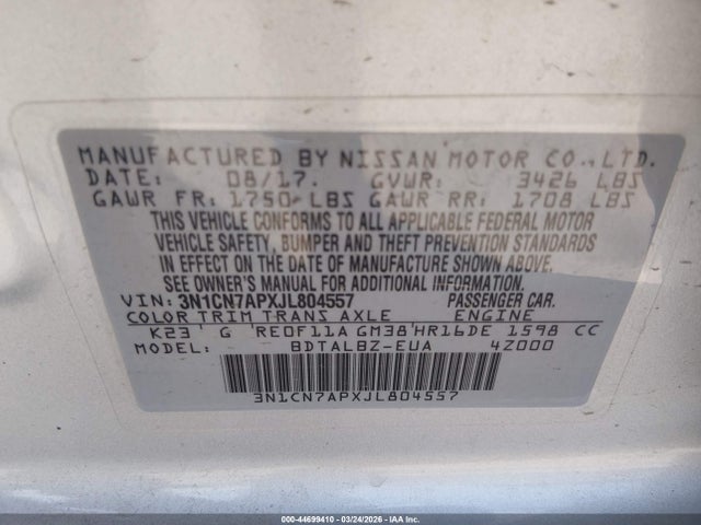 3N1CN7APXJL804557 Nissan Versa 1.6 Sv