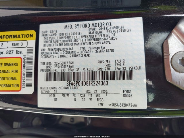 3FA6P0HD8JR224363 Ford FUSION SE