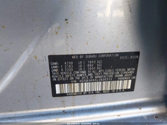 44699479 :رقم المزاد ، 4S3GKAV65L3606313 vin ، 2020 Subaru Impreza Premium مزاد بيع