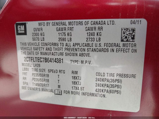 Aukcja sprzedaży 2011 Gmc Terrain Sle-2, vin: 2CTFLTEC7B6414381, numer aukcji: 44699507