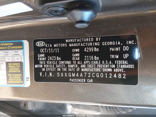 44699512 :رقم المزاد ، 5XXGM4A72CG012482 vin ، 2012 Kia Optima Lx مزاد بيع
