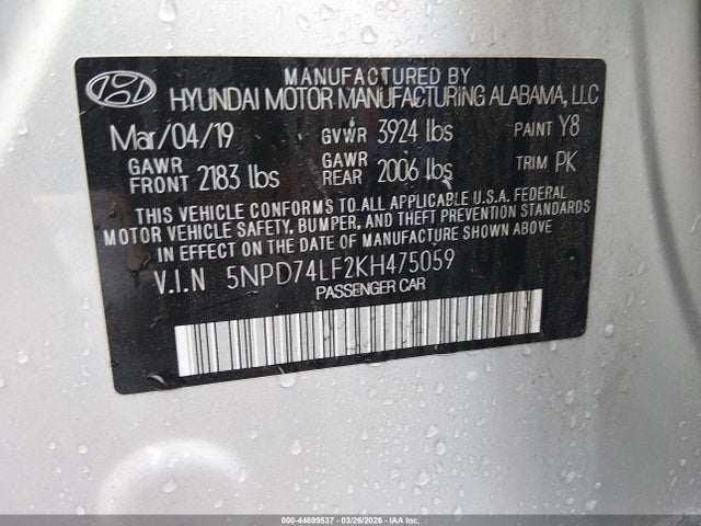 44699537 :رقم المزاد ، 5NPD74LF2KH475059 vin ، 2019 Hyundai Elantra Se مزاد بيع