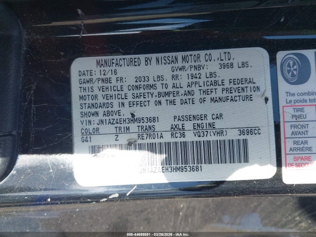 Aukcja sprzedaży 2017 Nissan 370z Nismo, vin: JN1AZ4EH3HM953681, numer aukcji: 44699591