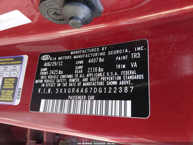 Aukcja sprzedaży 2013 Kia Optima Sx, vin: 5XXGR4A67DG122387, numer aukcji: 44699600