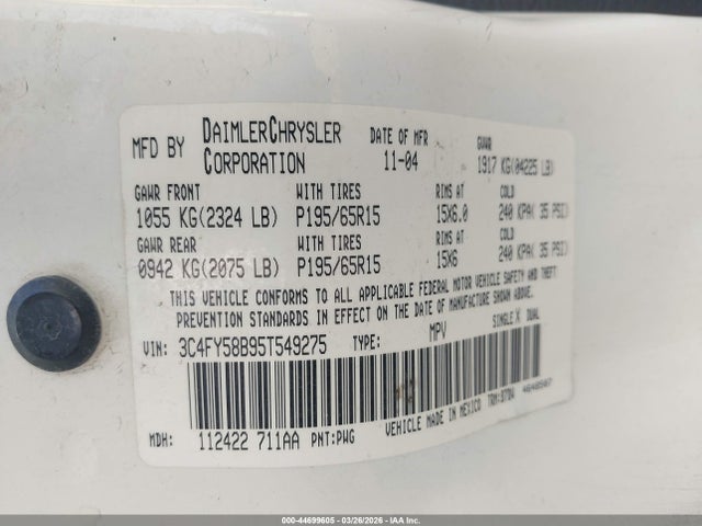 2005 Chrysler Pt Cruiser Touring მანქანა იყიდება აუქციონზე, vin: 3C4FY58B95T549275, აუქციონის ნომერი: 44699605