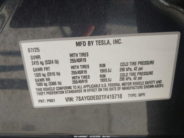 Продажа на аукционе авто 2026 Tesla Model Y Premium Rear-wheel Drive/standard Rear-wheel Drive, vin: 7SAYGDED2TF415718, номер лота: 44699607
