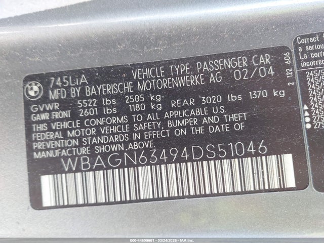 Продажа на аукционе авто 2004 Bmw 745li, vin: WBAGN63494DS51046, номер лота: 44699661