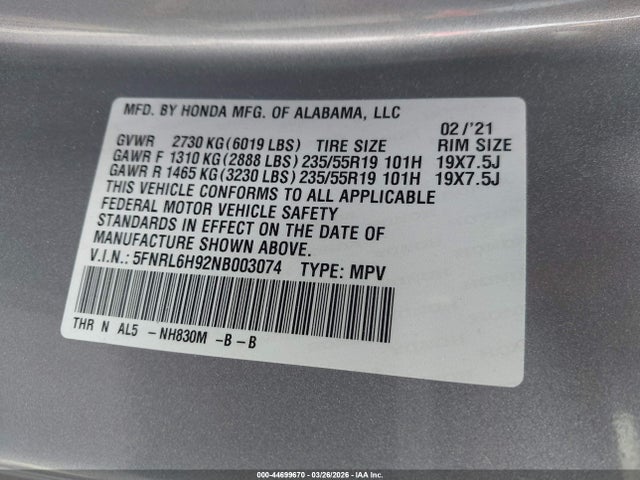 2022 HONDA ODYSSEY 5FNRL6H92NB003074 Photo 8