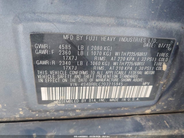44699693 :رقم المزاد ، 4S4BRBLC2D3215945 vin ، 2013 Subaru Outback 2.5i Limited مزاد بيع
