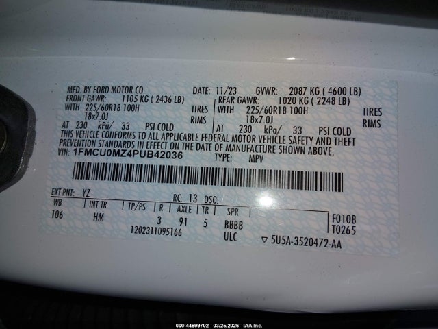 Aukcja sprzedaży 2023 Ford Escape St-line, vin: 1FMCU0MZ4PUB42036, numer aukcji: 44699702