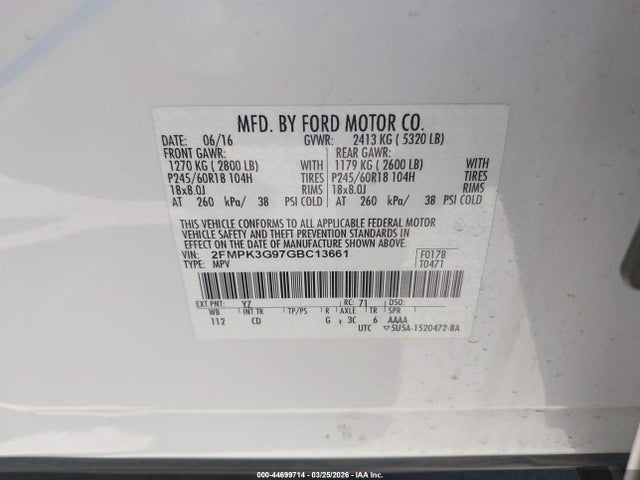 Продажа на аукционе авто 2016 Ford Edge Se, vin: 2FMPK3G97GBC13661, номер лота: 44699714