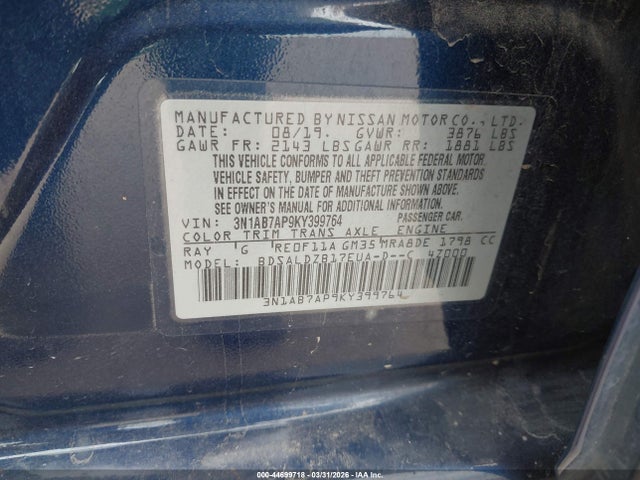 3N1AB7AP9KY399764 Nissan SENTRA SV
