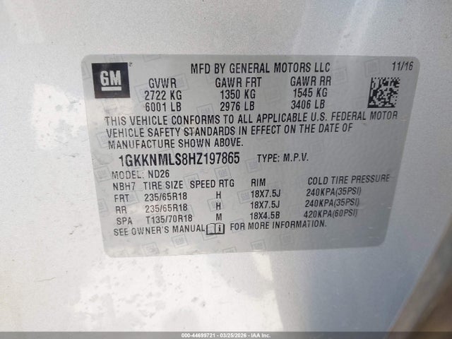 Aukcja sprzedaży 2017 Gmc Acadia Slt-1, vin: 1GKKNMLS8HZ197865, numer aukcji: 44699721