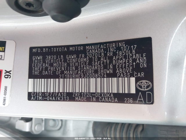 Toyota COROLLA L 2018 2T1BURHE9JC008574 Image 9