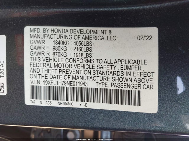2022 HONDA CIVIC 19XFL1H79NE011943 Photo 8