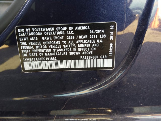 Продаж на аукціоні авто 2014 Volkswagen Passat 1.8t Se, vin: 1VWBT7A36EC101662, номер лоту: 44699735