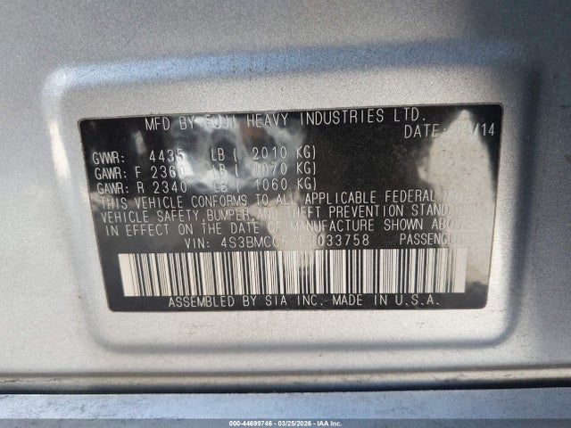 Aukcja sprzedaży 2014 Subaru Legacy 2.5i Premium, vin: 4S3BMCC67E3033758, numer aukcji: 44699746