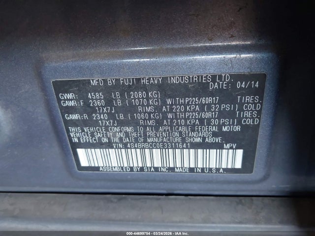 44699754 :رقم المزاد ، 4S4BRBCC0E3311641 vin ، 2014 Subaru Outback 2.5i Premium مزاد بيع
