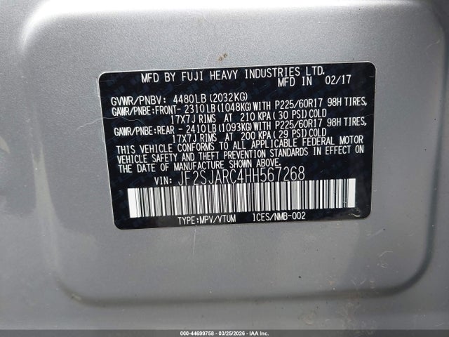 Aukcja sprzedaży 2017 Subaru Forester 2.5i Limited, vin: JF2SJARC4HH567268, numer aukcji: 44699758
