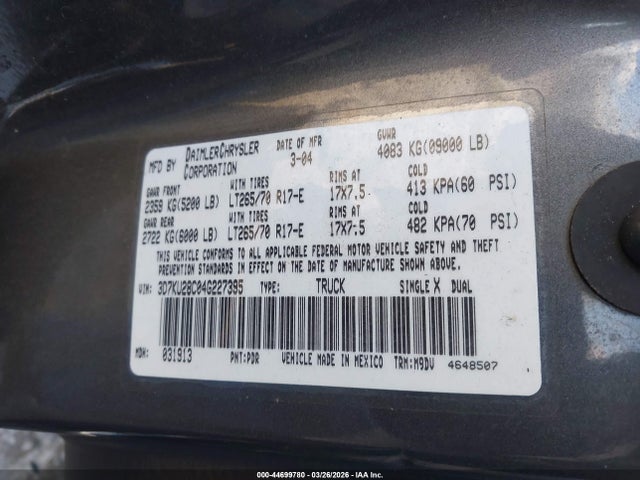 Продажа на аукционе авто 2004 Dodge Ram 2500 Slt/laramie, vin: 3D7KU28C04G227395, номер лота: 44699780
