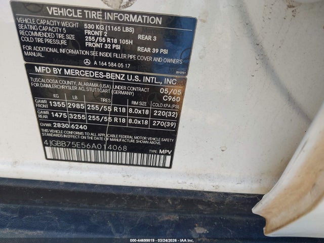 Aukcja sprzedaży 2006 Mercedes-benz Ml 500 4matic, vin: 4JGBB75E56A014068, numer aukcji: 44699819