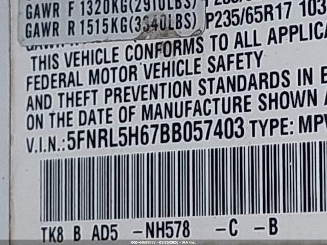 2011 HONDA ODYSSEY 5FNRL5H67BB057403 Photo 8