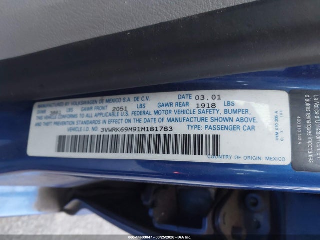 Продаж на аукціоні авто 2001 Volkswagen Jetta Gl, vin: 3VWRK69M91M181783, номер лоту: 44699847