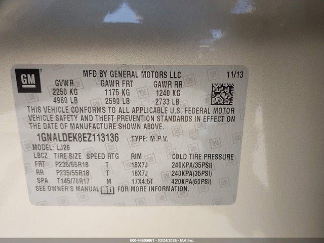 Продажа на аукционе авто 2014 Chevrolet Equinox Ltz, vin: 1GNALDEK8EZ113136, номер лота: 44699861