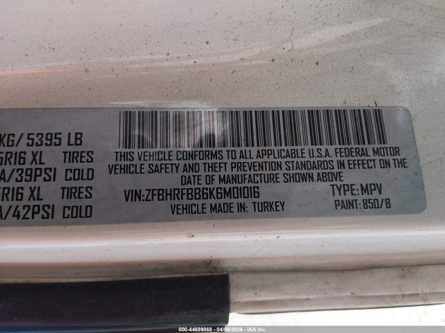 44699868 :رقم المزاد ، ZFBHRFBB6K6M01016 vin ، 2019 Ram Promaster City Tradesman Slt مزاد بيع