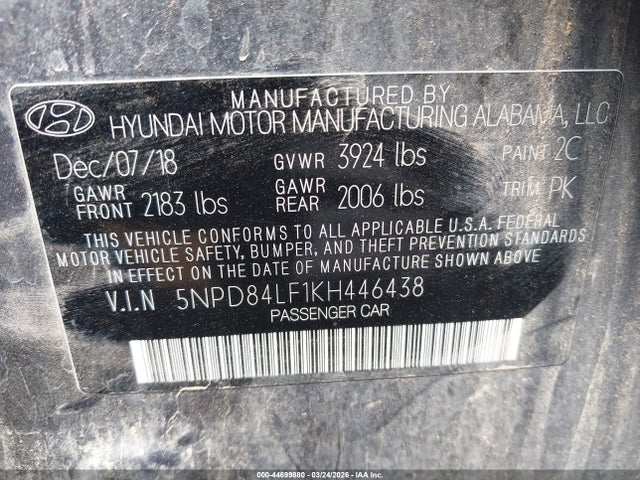 5NPD84LF1KH446438 Hyundai ELANTRA SEL