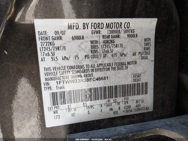 44699881 :رقم المزاد ، 1FTWW33R28EC46681 vin ، 2008 Ford F-350 Fx4/king Ranch/lariat/xl/xlt مزاد بيع
