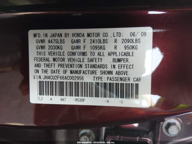 2010 Acura Tsx 2.4 მანქანა იყიდება აუქციონზე, vin: JH4CU2F66AC002956, აუქციონის ნომერი: 44699888
