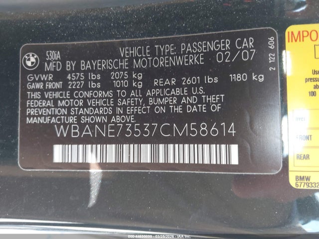 Aukcja sprzedaży 2007 Bmw 530i, vin: WBANE73537CM58614, numer aukcji: 44699899