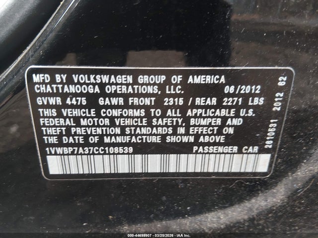 Aukcja sprzedaży 2012 Volkswagen Passat 2.5l Se, vin: 1VWBP7A37CC108539, numer aukcji: 44699907