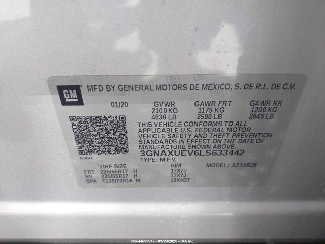 44699917 :رقم المزاد ، 3GNAXUEV6LS633442 vin ، 2020 Chevrolet Equinox Awd Lt 1.5l Turbo مزاد بيع