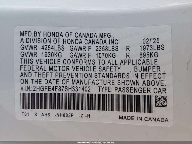 2025 Honda Civic Hybrid Sport/sport Touring მანქანა იყიდება აუქციონზე, vin: 2HGFE4F87SH331402, აუქციონის ნომერი: 44699923