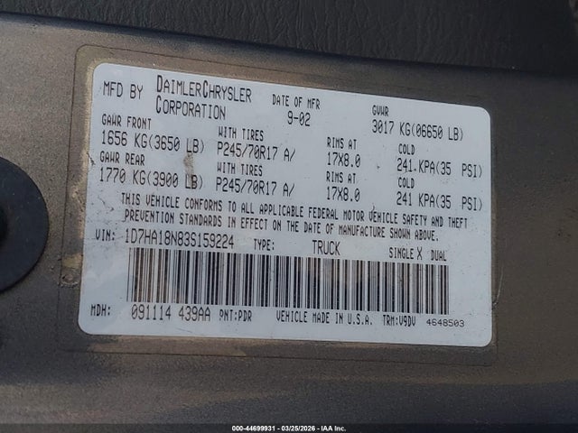 Продажа на аукционе авто 2003 Dodge Ram 1500 Slt/laramie/st, vin: 1D7HA18N83S159224, номер лота: 44699931