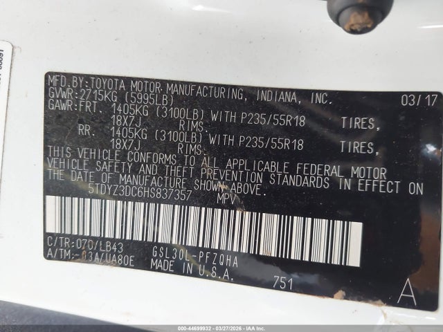5TDYZ3DC6HS837357 Toyota Sienna Limited Premium 7 Passenger