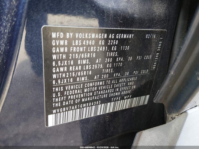 2016 Volkswagen Tiguan S მანქანა იყიდება აუქციონზე, vin: WVGBV7AX1GW584393, აუქციონის ნომერი: 44699942