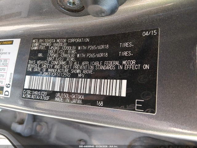 Aukcja sprzedaży 2015 Lexus Gx 460, vin: JTJBM7FX2F5112592, numer aukcji: 44699946
