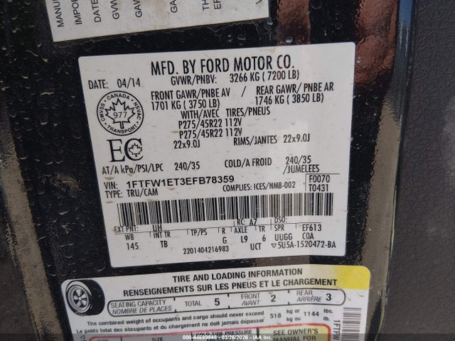 Aukcja sprzedaży 2014 Ford F-150 Limited, vin: 1FTFW1ET3EFB78359, numer aukcji: 44699948