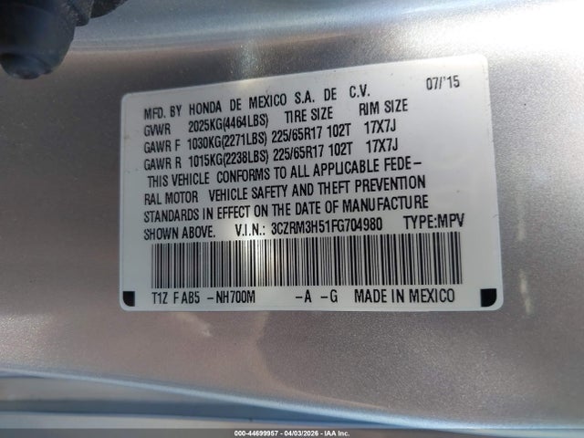 Honda CR-V EX 2015 3CZRM3H51FG704980 Image 9