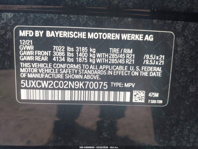 Auction sale of the 2022 Bmw X7 Xdrive40i, vin: 5UXCW2C02N9K70075, lot number: 44699959