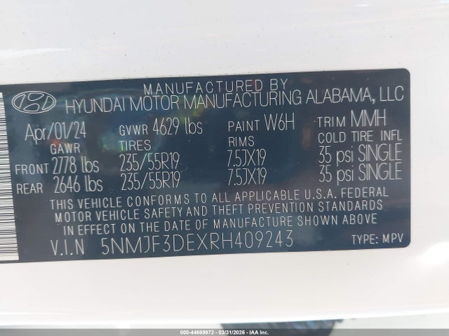 Продажа на аукционе авто 2024 Hyundai Tucson Sel, vin: 5NMJF3DEXRH409243, номер лота: 44699972