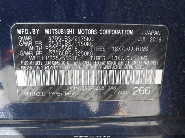 Aukcja sprzedaży 2016 Mitsubishi Outlander Se, vin: JA4AD3A37GZ061946, numer aukcji: 44699997