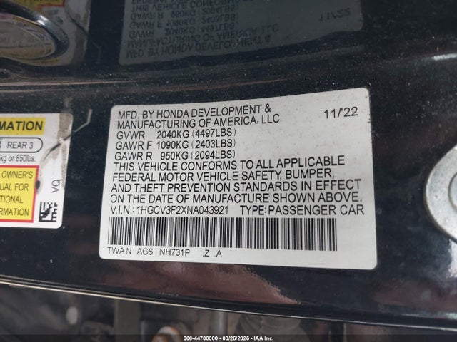Продаж на аукціоні авто 2022 Honda Accord Hybrid Sport, vin: 1HGCV3F2XNA043921, номер лоту: 44700000