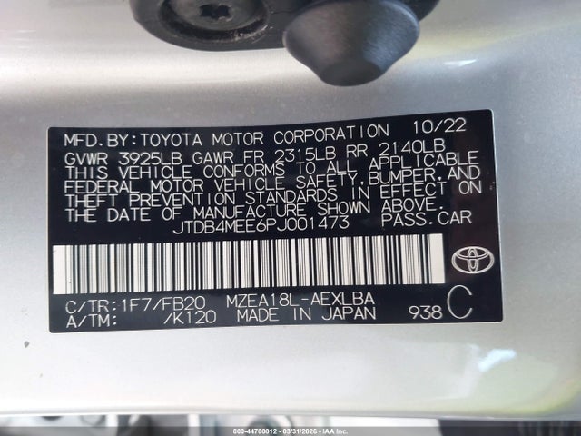 Продаж на аукціоні авто 2023 Toyota Corolla Le, vin: JTDB4MEE6PJ001473, номер лоту: 44700012