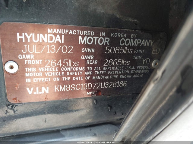 Продаж на аукціоні авто 2002 Hyundai Santa Fe Gls/lx, vin: KM8SC13D72U328186, номер лоту: 44700014