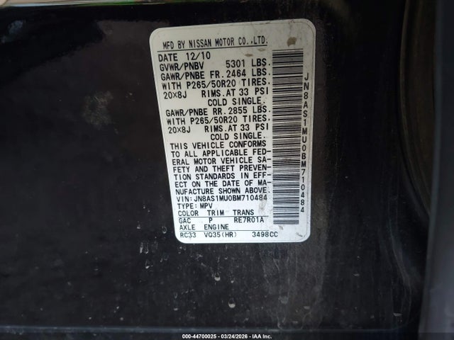 Продажа на аукционе авто 2011 Infiniti Fx35, vin: JN8AS1MU0BM710484, номер лота: 44700025